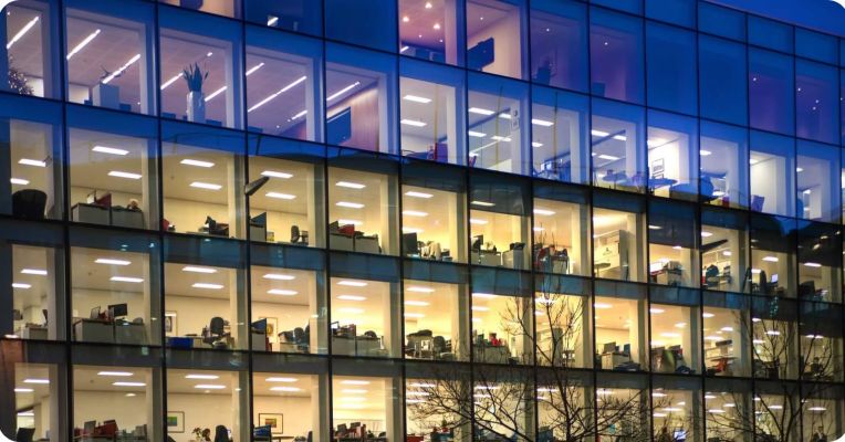 Rows of lit up offices