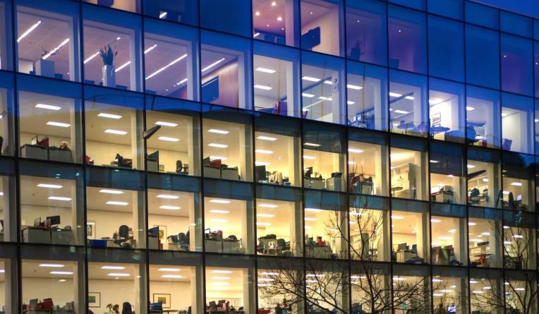 Rows of lit up offices