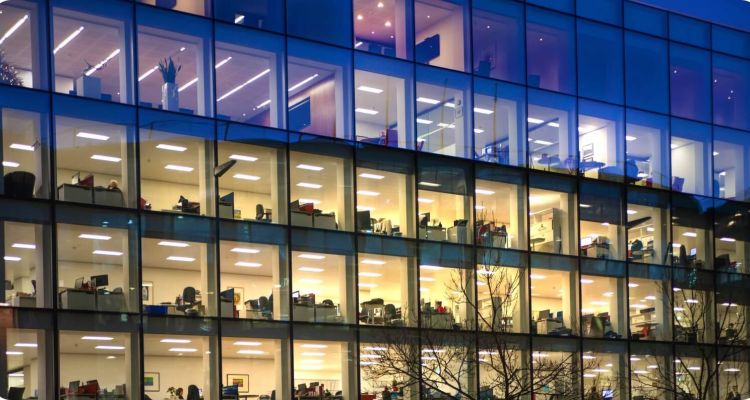 Rows of lit up offices